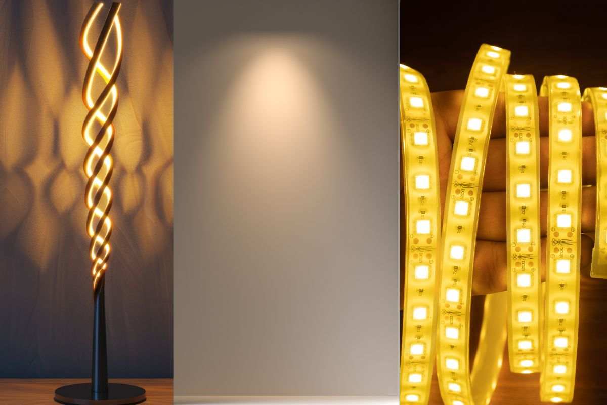 lampada scultorea, faretto e striscia led