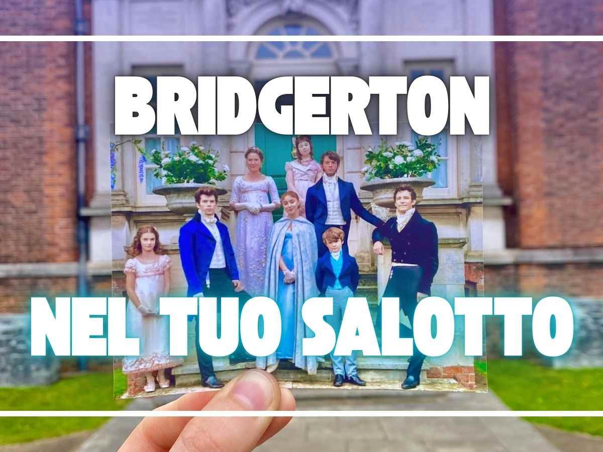 cast di brigerton e scritta bridgerton nel tuo salotto