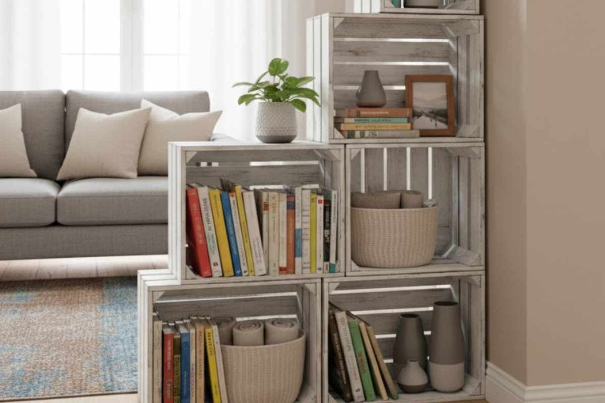 divisorio e libreria realizzato con cassette della frutta
